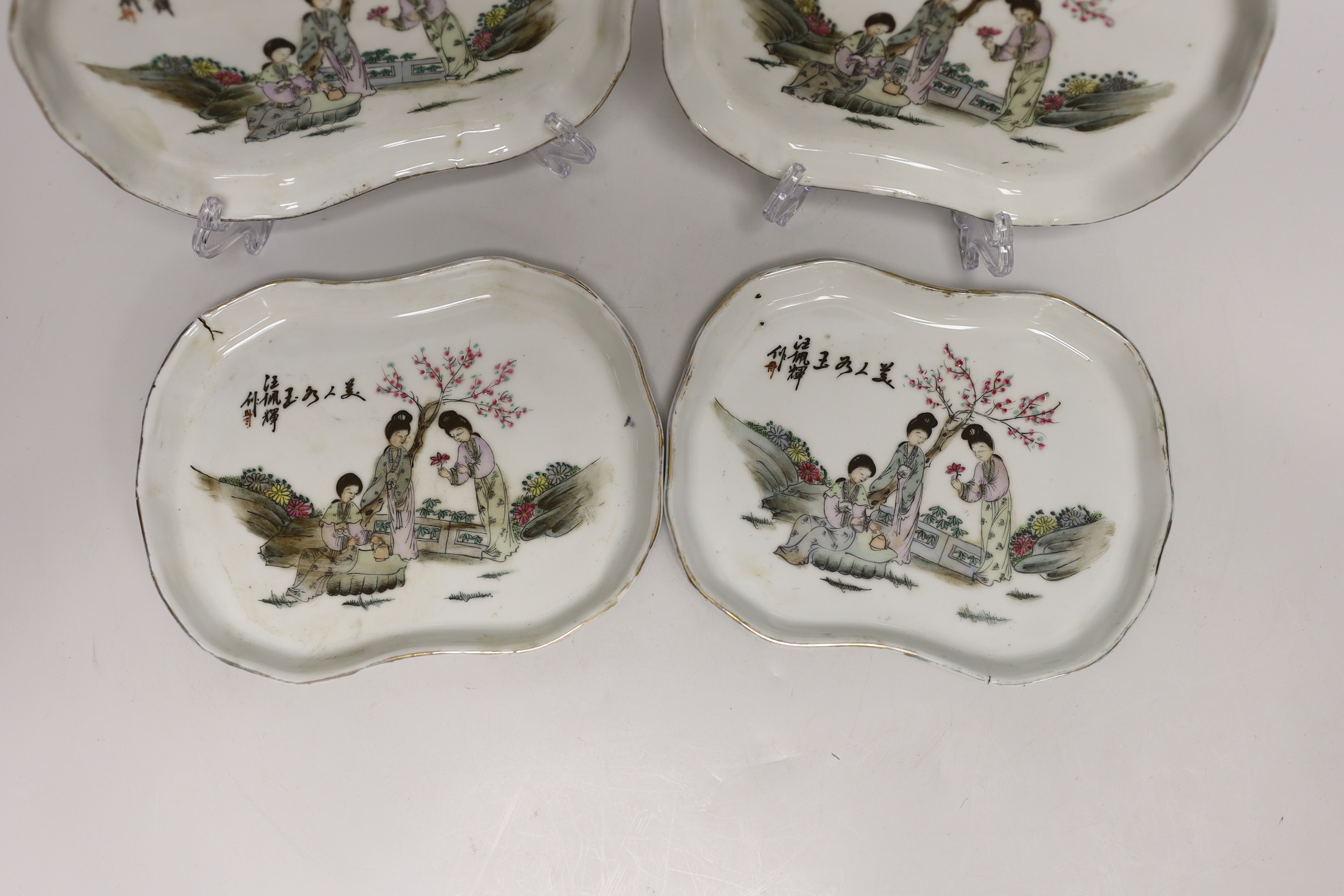 A set of four Chinese famille rose lobed dishes, 17cm long